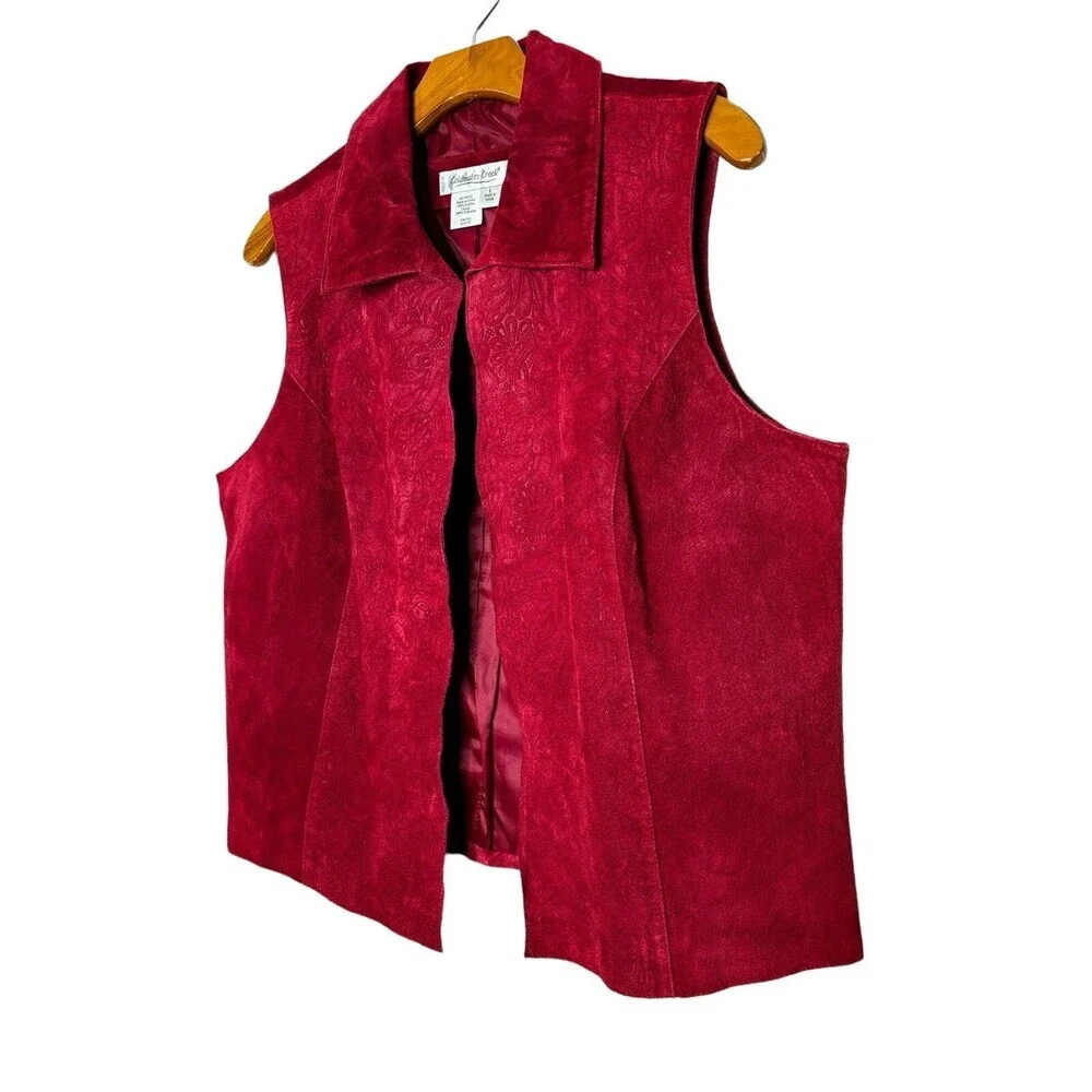 Coldwater Creek Womens Sz L Red 100% Leather Suede Laser Cut Open Front Vest